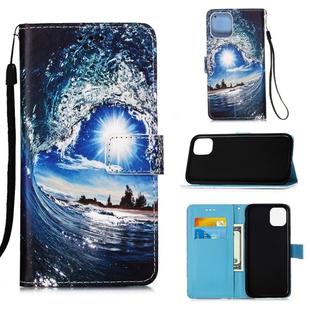 For iPhone 12 Pro Max Painted Flat Texture Leather Case with Lanyard & Card Slot & Wallet & Holder(Waves Sun)