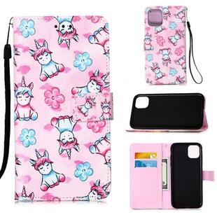 For iPhone 12 Pro Max Painted Flat Texture Leather Case with Lanyard & Card Slot & Wallet & Holder(Unicorn And Flowers)