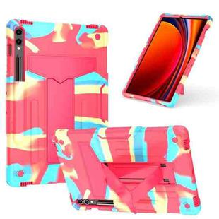 For Samsung Galaxy Tab S9 FE+ / S9+ T Holder Robot Silicone Hybrid PC Tablet Case(Camouflage Rose Red)