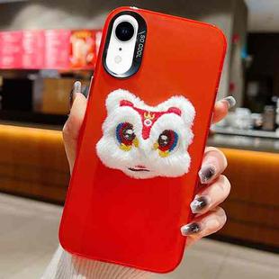 For iPhone XR New Year Lion Dance Plush Doll Phone Case(Red Back White Lion)