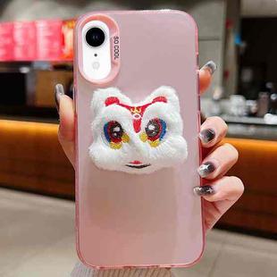 For iPhone XR New Year Lion Dance Plush Doll Phone Case(Pink Back White Lion)