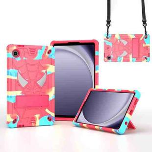 For Samsung Galaxy Tab A9 Fold-Holder Spider Silicone Hybrid PC Tablet Case(Camouflage Rose Red)