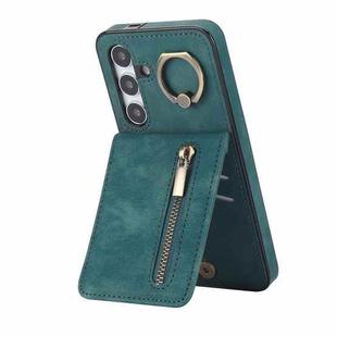 For Samsung Galaxy S24 5G Retro Ring and Zipper RFID Card Slot Phone Case(Green)