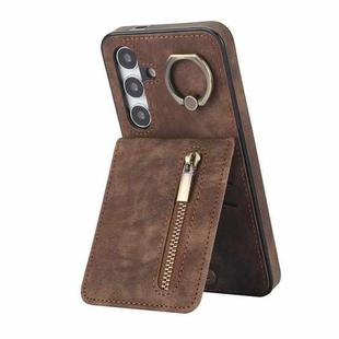 For Samsung Galaxy S24 5G Retro Ring and Zipper RFID Card Slot Phone Case(Brown)