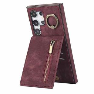 For Samsung Galaxy S24 Ultra 5G Retro Ring and Zipper RFID Card Slot Phone Case(Wine Red)