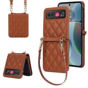 For Motorola Razr 40 Rhombic Texture Phone Case with Long & Short Lanyard(Brown)