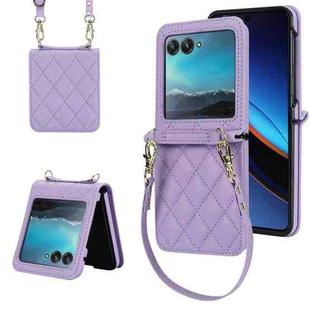 For Motorola Razr 40 Ultra Rhombic Texture Phone Case with Long & Short Lanyard(Light Purple)