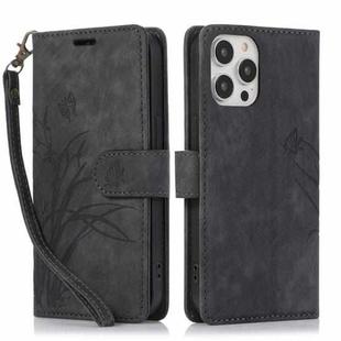 For iPhone 15 Pro Orchid Butterfly Embossed Leather Phone Case(Black)