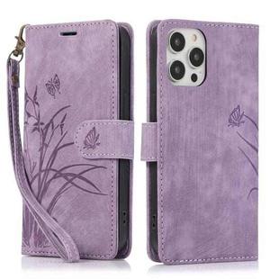 For iPhone 15 Pro Orchid Butterfly Embossed Leather Phone Case(Purple)