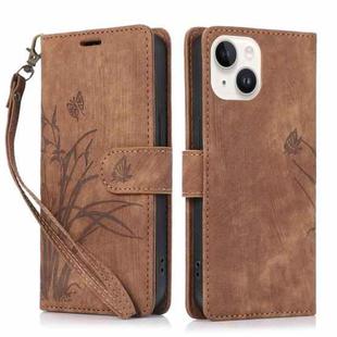 For iPhone 15 Plus Orchid Butterfly Embossed Leather Phone Case(Brown)