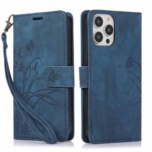 For iPhone 14 Pro Max Orchid Butterfly Embossed Leather Phone Case(Blue)