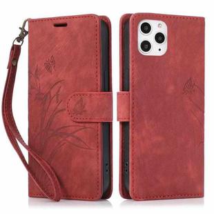 For iPhone 12 / 12 Pro Orchid Butterfly Embossed Leather Phone Case(Red)