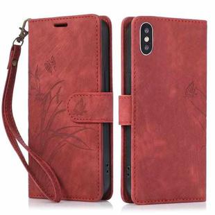 For iPhone X / XS Orchid Butterfly Embossed Leather Phone Case(Red)