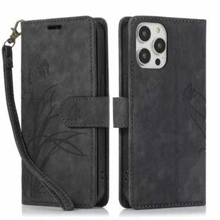 For iPhone 16 Pro Max Orchid Butterfly Embossed Leather Phone Case(Black)