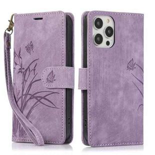 For iPhone 16 Pro Max Orchid Butterfly Embossed Leather Phone Case(Purple)