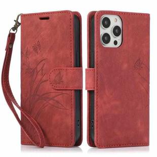 For iPhone 16 Pro Max Orchid Butterfly Embossed Leather Phone Case(Red)