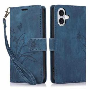 For iPhone 16 Orchid Butterfly Embossed Leather Phone Case(Blue)