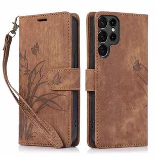 For Samsung Galaxy S24 Ultra 5G Orchid Butterfly Embossed Leather Phone Case(Brown)