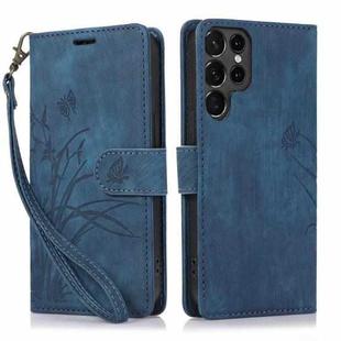 For Samsung Galaxy S22 Ultra 5G Orchid Butterfly Embossed Leather Phone Case(Blue)