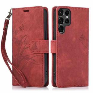 For Samsung Galaxy S22 Ultra 5G Orchid Butterfly Embossed Leather Phone Case(Red)