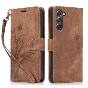 For Samsung Galaxy S23 5G Orchid Butterfly Embossed Leather Phone Case(Brown)