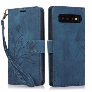 For Samsung Galaxy S10 Orchid Butterfly Embossed Leather Phone Case(Blue)