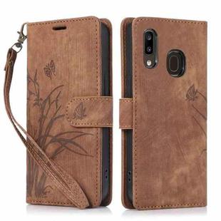 For Samsung Galaxy A20 / A30 Orchid Butterfly Embossed Leather Phone Case(Brown)