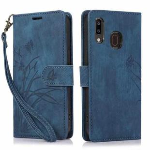 For Samsung Galaxy A40 Orchid Butterfly Embossed Leather Phone Case(Blue)