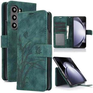 For Samsung Galaxy Z Fold5 Orchid Butterfly Embossed Leather Phone Case(Green)