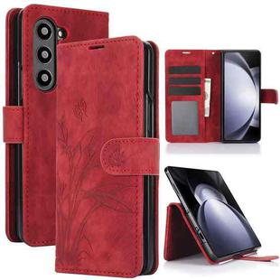 For Samsung Galaxy Z Fold5 Orchid Butterfly Embossed Leather Phone Case(Red)