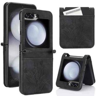 For Samsung Galaxy Z Flip5 Orchid Butterfly Embossed Leather Phone Case(Black)
