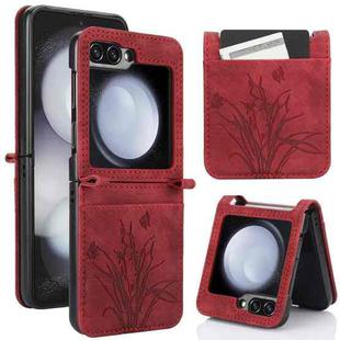 For Samsung Galaxy Z Flip5 Orchid Butterfly Embossed Leather Phone Case(Red)