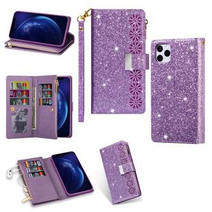 For iPhone 11 Pro Max Multi-card Slots Starry Sky Laser Carving Glitter Zipper Horizontal Flip Leather Case with Holder & Wallet & Lanyard(Purple)