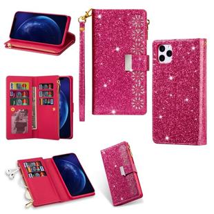 For iPhone 11 Pro Max Multi-card Slots Starry Sky Laser Carving Glitter Zipper Horizontal Flip Leather Case with Holder & Wallet & Lanyard(Rose Red)