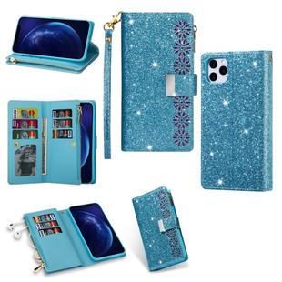 For iPhone 11 Pro Max Multi-card Slots Starry Sky Laser Carving Glitter Zipper Horizontal Flip Leather Case with Holder & Wallet & Lanyard(Sky Blue)