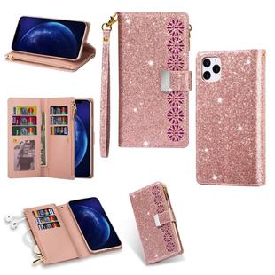 For iPhone 11 Pro Max Multi-card Slots Starry Sky Laser Carving Glitter Zipper Horizontal Flip Leather Case with Holder & Wallet & Lanyard(Rose Gold)