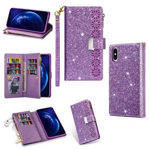 For iPhone XS Max Multi-card Slots Starry Sky Laser Carving Glitter Zipper Horizontal Flip Leather Case with Holder & Wallet & Lanyard(Purple)