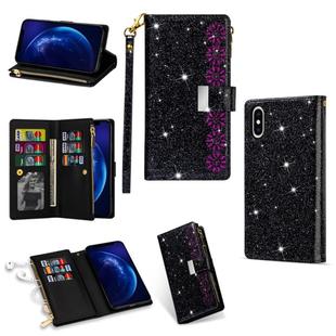For iPhone XR Multi-card Slots Starry Sky Laser Carving Glitter Zipper Horizontal Flip Leather Case with Holder & Wallet & Lanyard(Black)