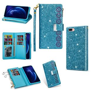 For iPhone 8 Plus / 7 Plus Multi-card Slots Starry Sky Laser Carving Glitter Zipper Horizontal Flip Leather Case with Holder & Wallet & Lanyard(Sky Blue)