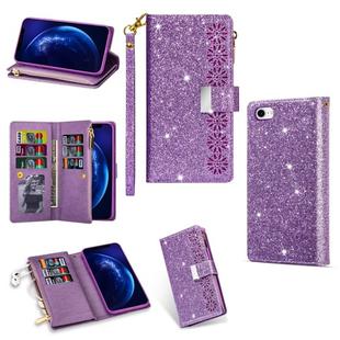 For iPhone SE 2022 / SE 2020 / 8 / 7 Multi-card Slots Starry Sky Laser Carving Glitter Zipper Horizontal Flip Leather Case with Holder & Wallet & Lanyard(Purple)