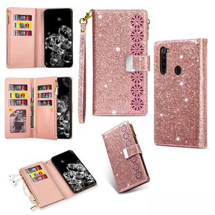 For Xiaomi Redmi Note 8 Multi-card Slots Starry Sky Laser Carving Glitter Zipper Horizontal Flip Leather Case with Holder & Wallet & Lanyard(Rose Gold)