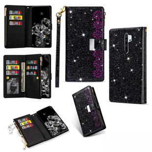 For Xiaomi Redmi Note 8 Pro Multi-card Slots Starry Sky Laser Carving Glitter Zipper Horizontal Flip Leather Case with Holder & Wallet & Lanyard(Black)