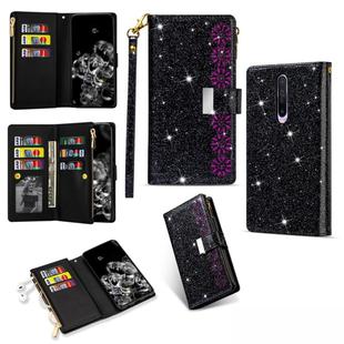 For Xiaomi Redmi K30 Multi-card Slots Starry Sky Laser Carving Glitter Zipper Horizontal Flip Leather Case with Holder & Wallet & Lanyard(Black)
