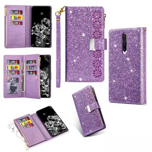 For Xiaomi Redmi K30 Multi-card Slots Starry Sky Laser Carving Glitter Zipper Horizontal Flip Leather Case with Holder & Wallet & Lanyard(Purple)