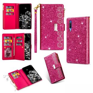 For Xiaomi Mi 9 / Mi 9 Explorer Multi-card Slots Starry Sky Laser Carving Glitter Zipper Horizontal Flip Leather Case with Holder & Wallet & Lanyard(Rose Red)