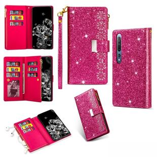 For Xiaomi Mi 10 5G / Mi 10 Pro 5G Multi-card Slots Starry Sky Laser Carving Glitter Zipper Horizontal Flip Leather Case with Holder & Wallet & Lanyard(Rose Red)