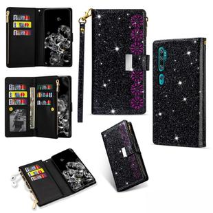 For Xiaomi Mi CC9 Pro Multi-card Slots Starry Sky Laser Carving Glitter Zipper Horizontal Flip Leather Case with Holder & Wallet & Lanyard(Black)