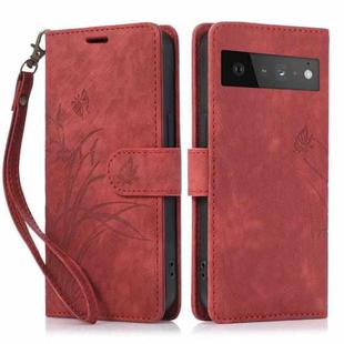 For Google Pixel 6a Orchid Butterfly Embossed Leather Phone Case(Red)
