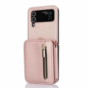 For Samsung Galaxy Z Flip4 Zipper Card Slots Folding RFID Phone Case with Long Lanyard(Rose Gold)