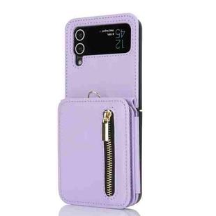 For Samsung Galaxy Z Flip4 Zipper Card Slots Folding RFID Phone Case with Long Lanyard(Light Purple)